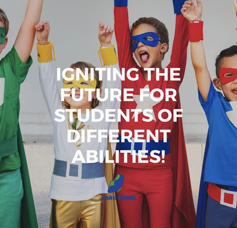 Kids in super hero costumes jumping with hands up. The caption in front of the kids says igniting the future for student of different abilities.